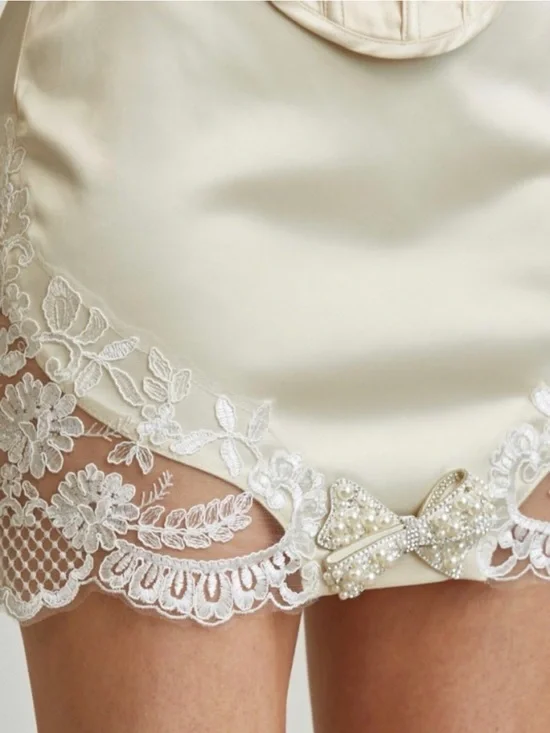 A314. Lace-Trim Satin Corset & Slip Skirt Set - Cream - Picture 5 of 6